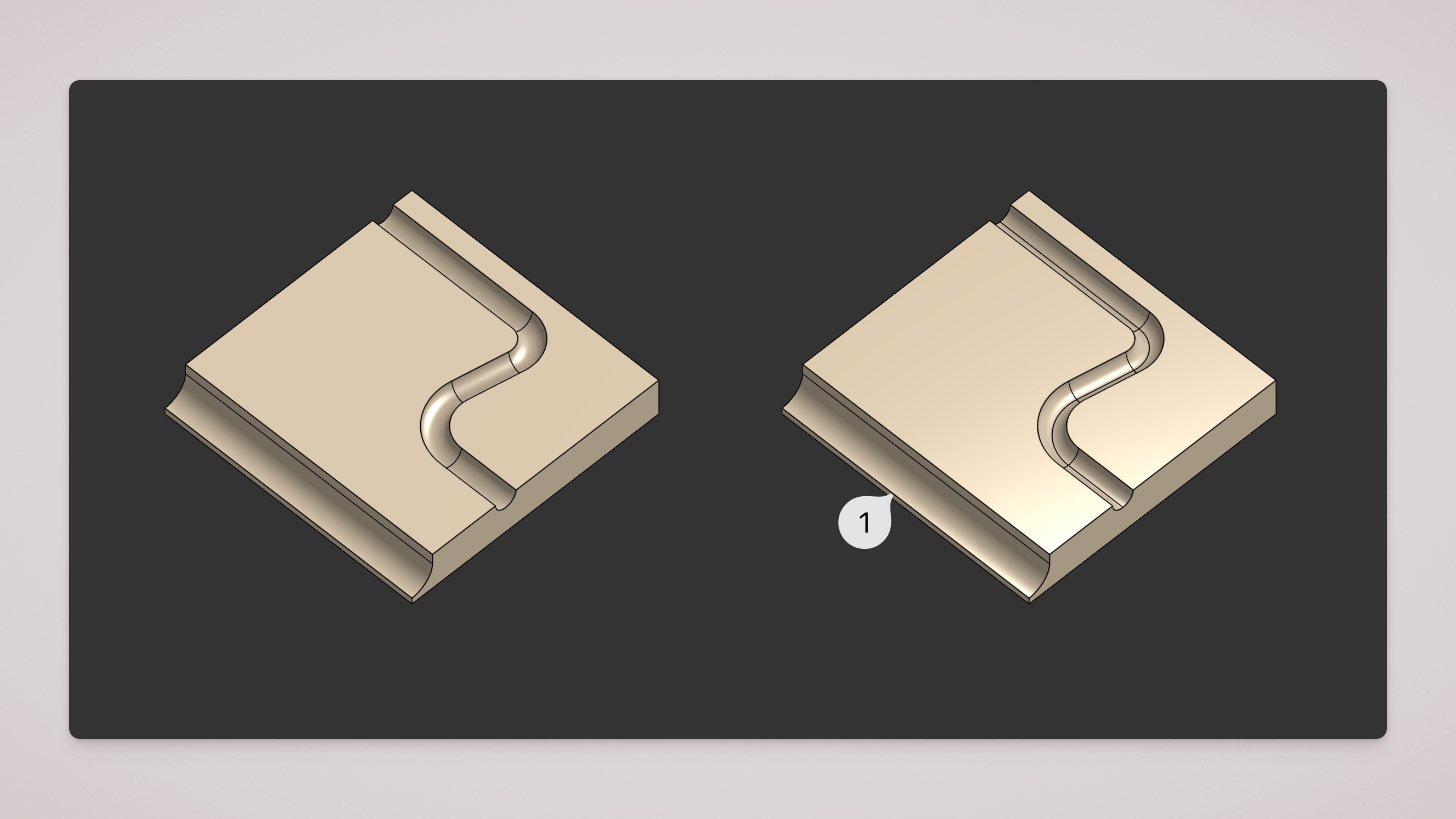 Same part without ball-cut toolpath edges (left) and with edges added by DXF Export Prep (right)
