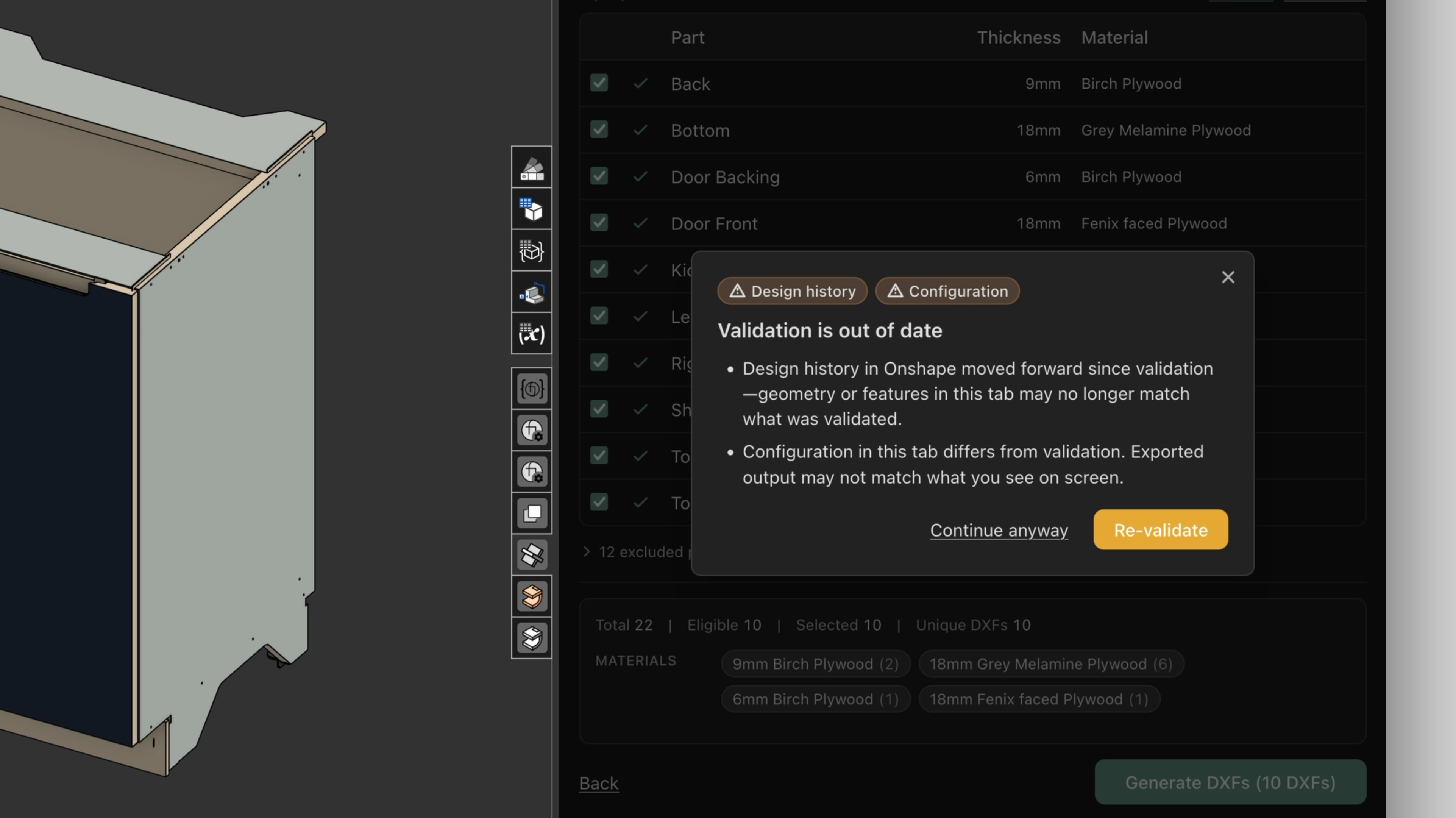 Validation is out of date dialog with Design history and Configuration pills