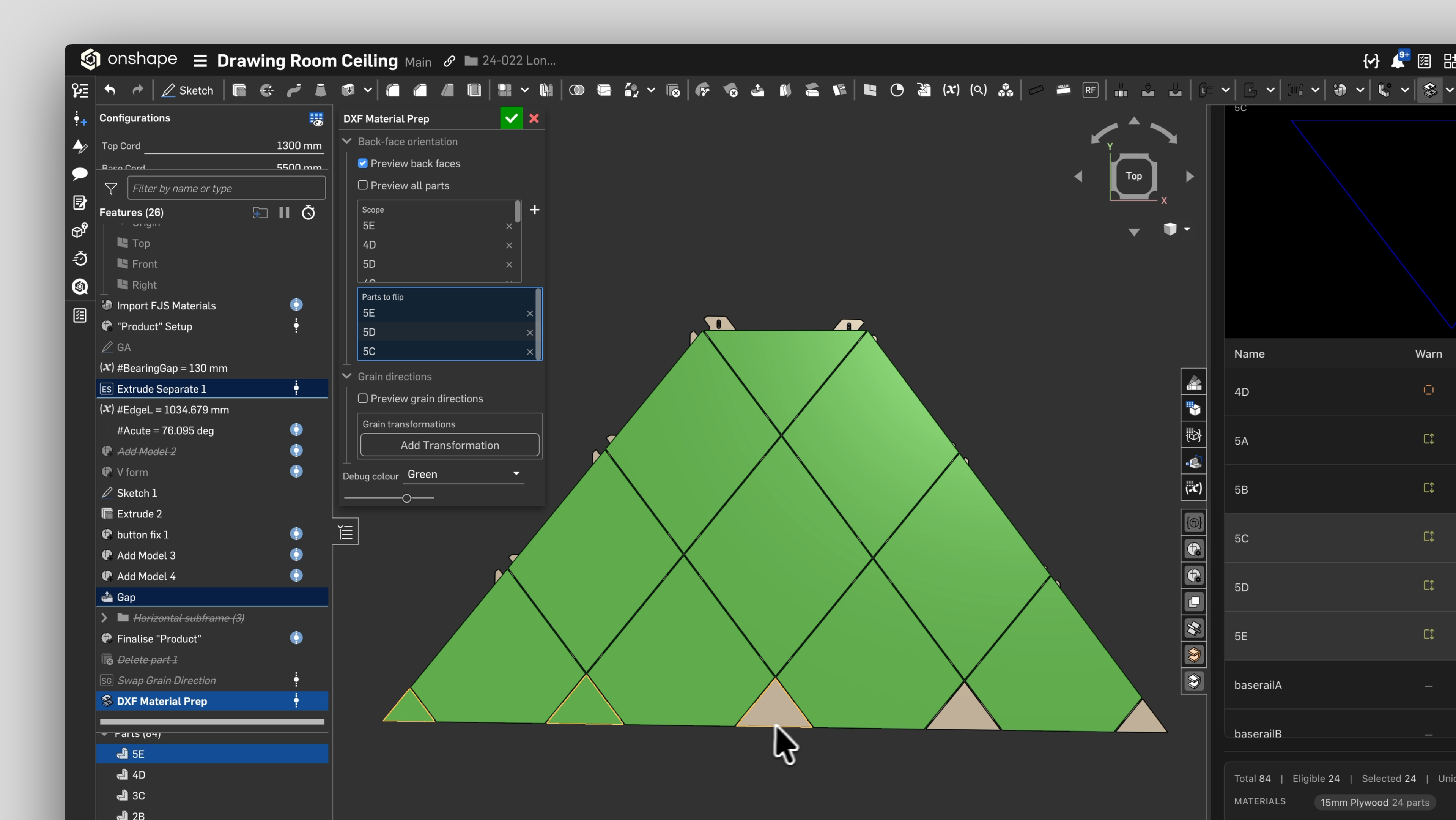 Selecting parts to flip with back-face preview visible; flipped parts update in the model