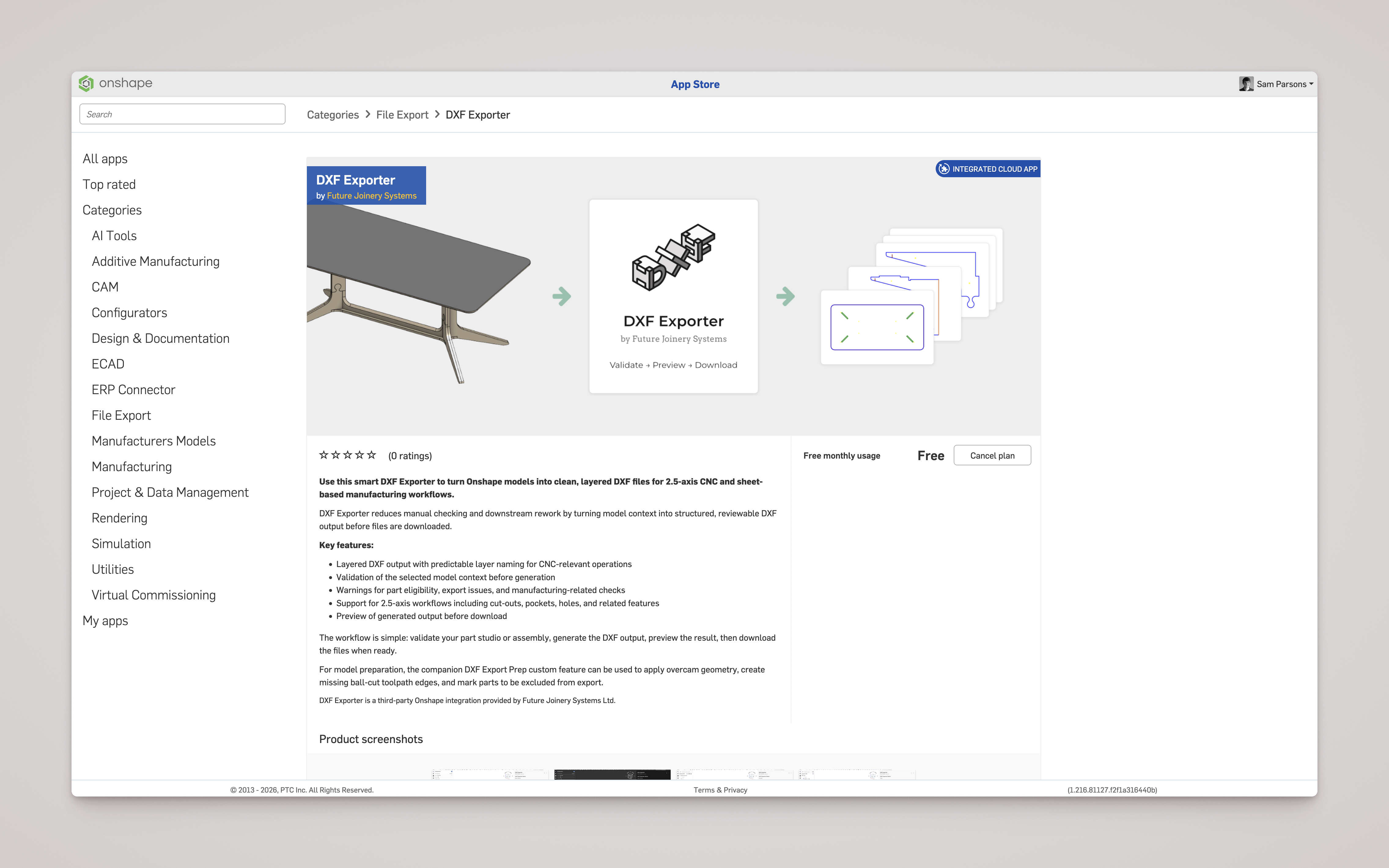 DXF Exporter listing in the Onshape App Store