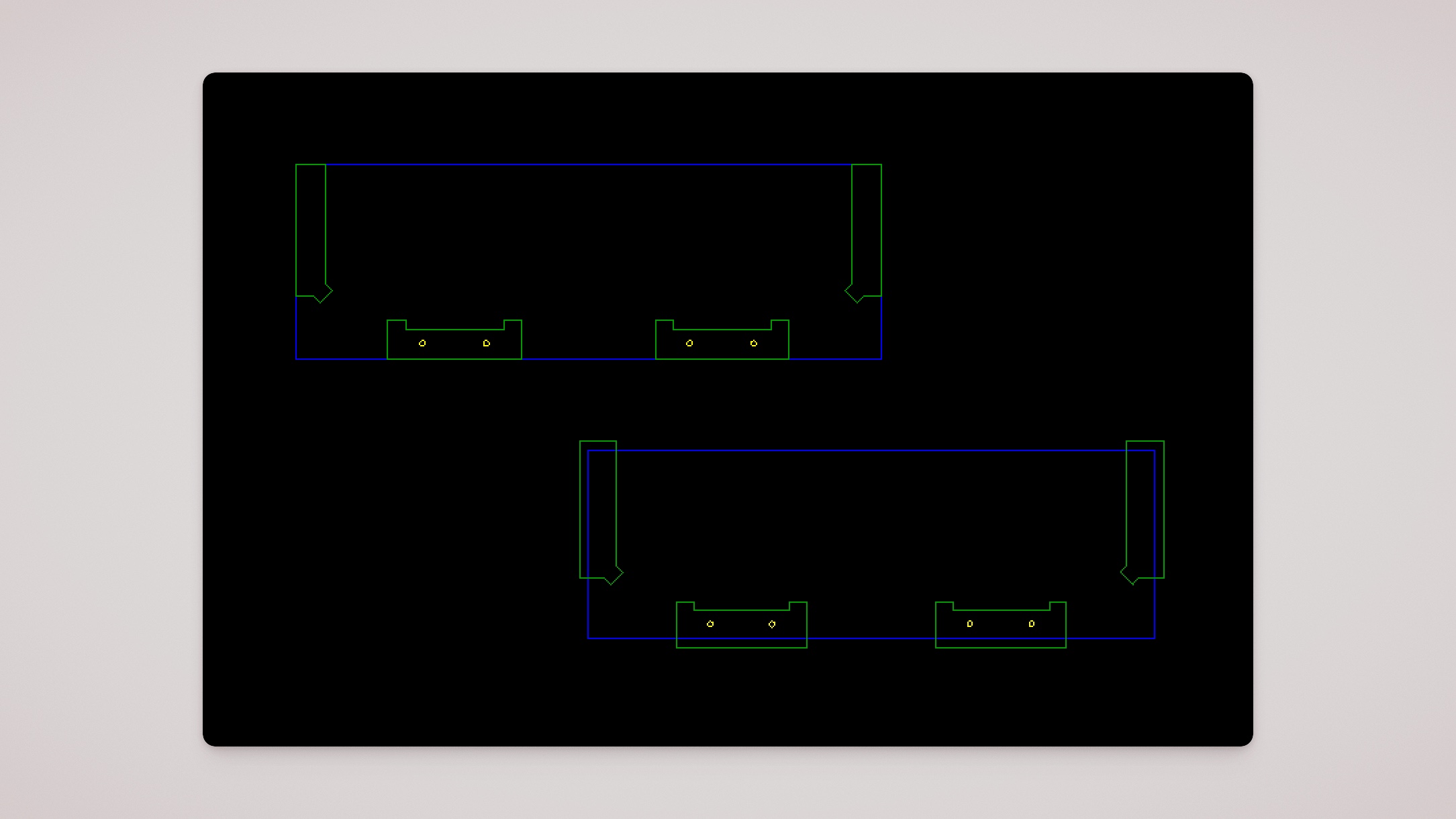 DXF preview — pocket toolpaths at the part boundary without overcam (top) and with overcam (bottom)