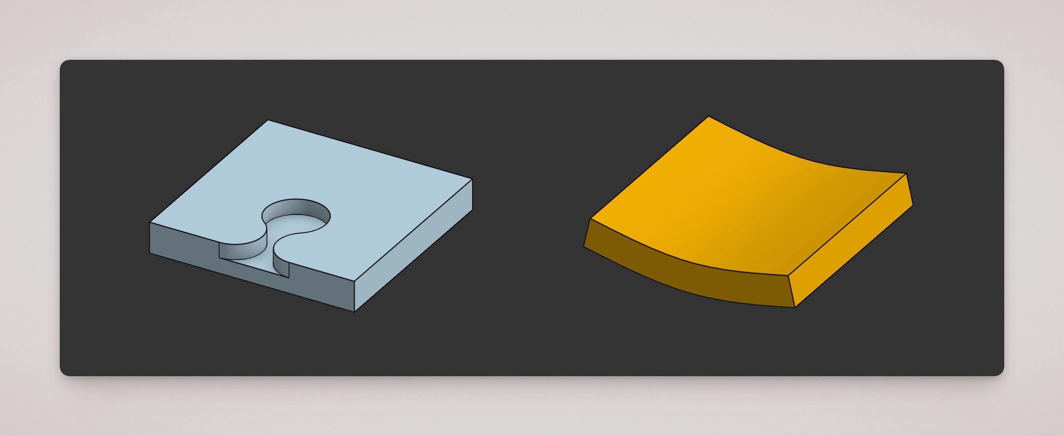 Sheet-like part with a pocket (left) and a bent non-sheet-metal solid (right)