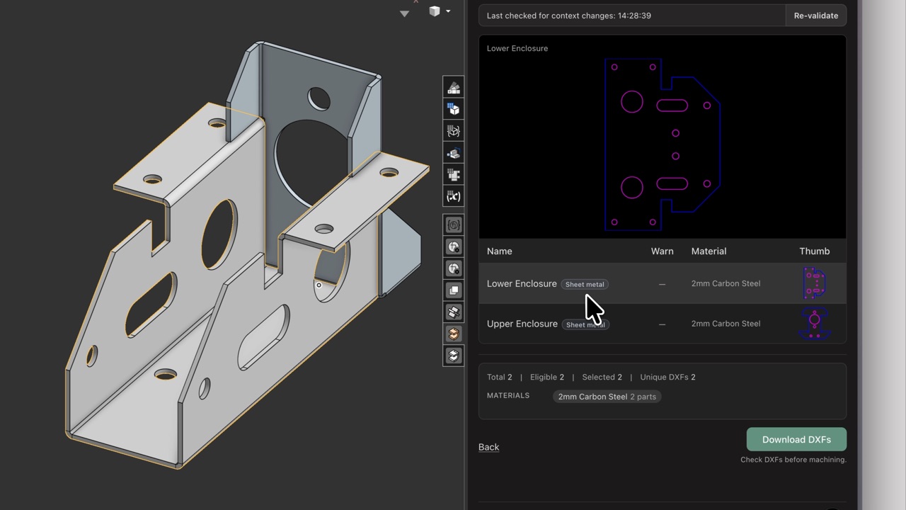 Results preview with a Sheet metal badge on a hovered row and the flat-pattern model in view